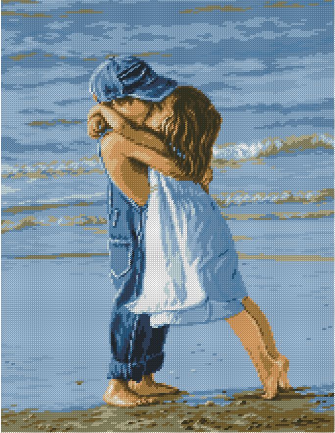 INFBEACH-1: Gráfico de punto de cruz para descargar en PDF, imprimir y bordar dibujo de dos niños besándose en la playa