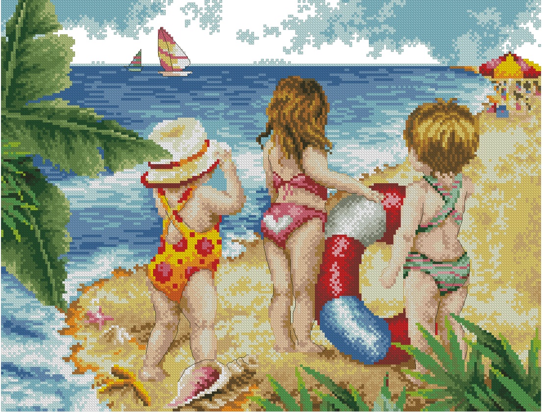 INFBEACH-2: Gráfico de punto de cruz para descargar en PDF, imprimir y bordar dibujo infantil con niños en la playa