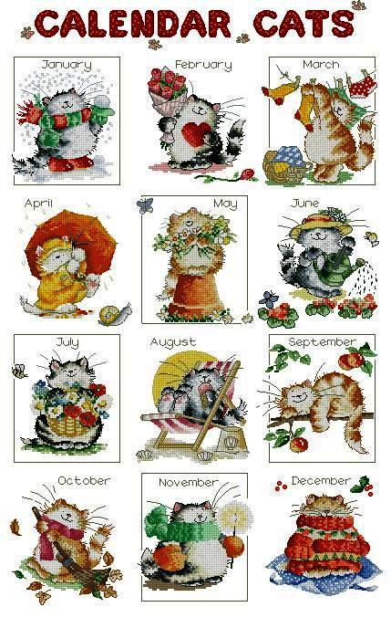 INFCATS: Gráfico de punto de cruz para descargar en PDF, imprimir y bordar calendario de gatitos