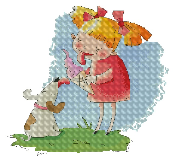 INFICE-1: bordado a punto de cruz de niña con perro y helado