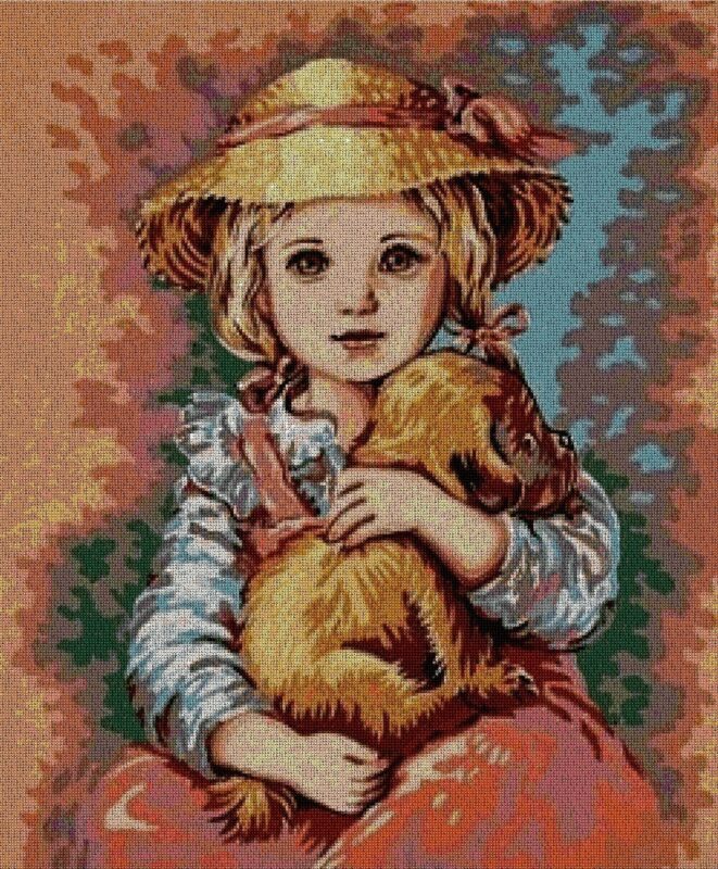 INFNINA-1: Gráfico de punto de cruz para descargar en PDF, imprimir y bordar dibujo infantil de niña con perrito