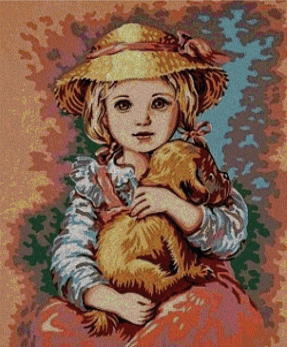 INFNINA-1: Gráfico de punto de cruz para descargar en PDF, imprimir y bordar dibujo infantil de niña con perrito