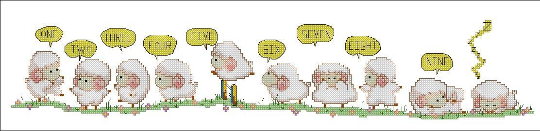 INFNUM-1: Gráfico de punto de cruz para descargar en PDF, imprimir y bordar dibujo infantil con conteo de ovejas para dormir