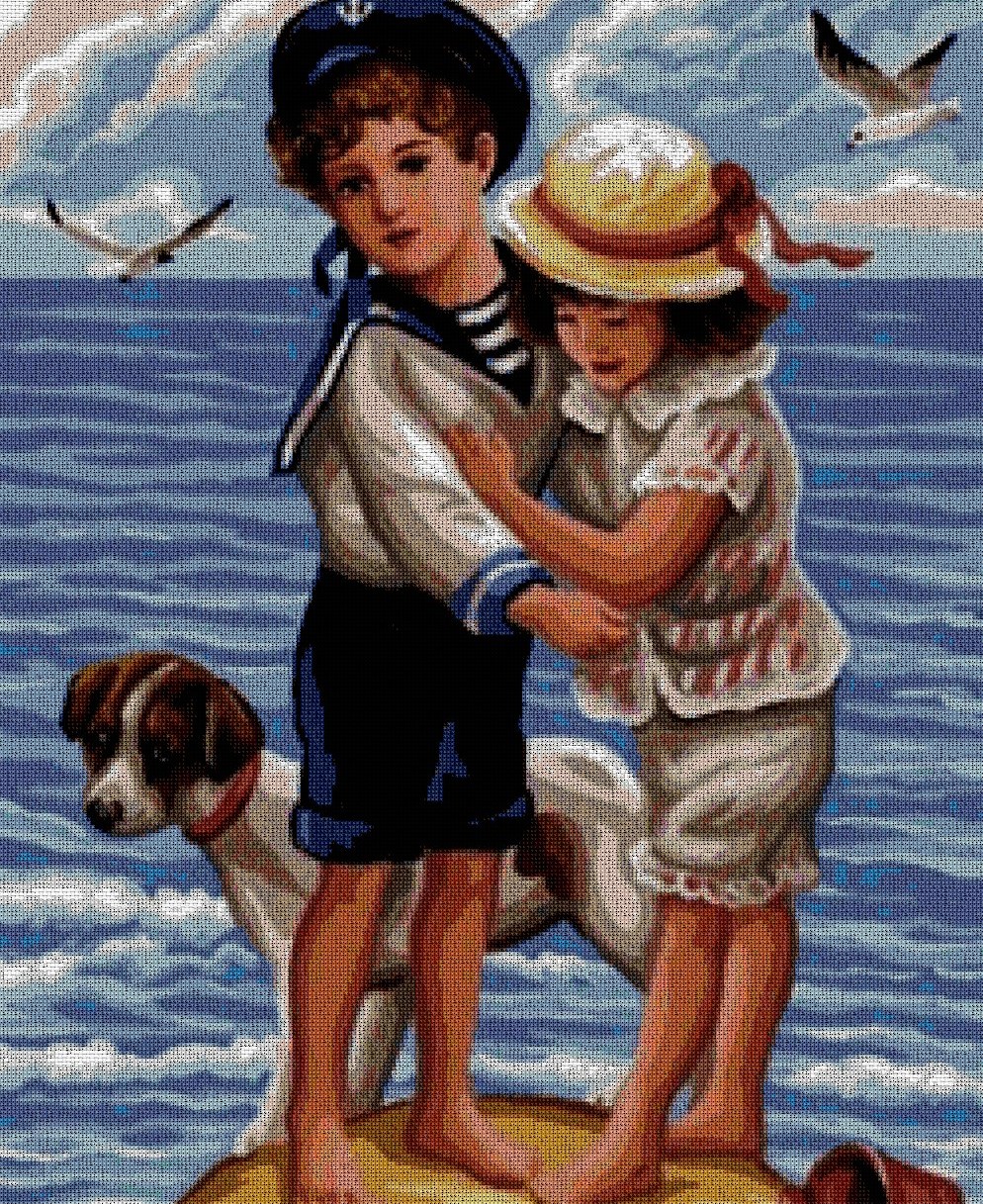 INFPLA: Gráfico de punto de cruz para descargar en PDF, imprimir y bordar dibujo de niños con perro en la playa
