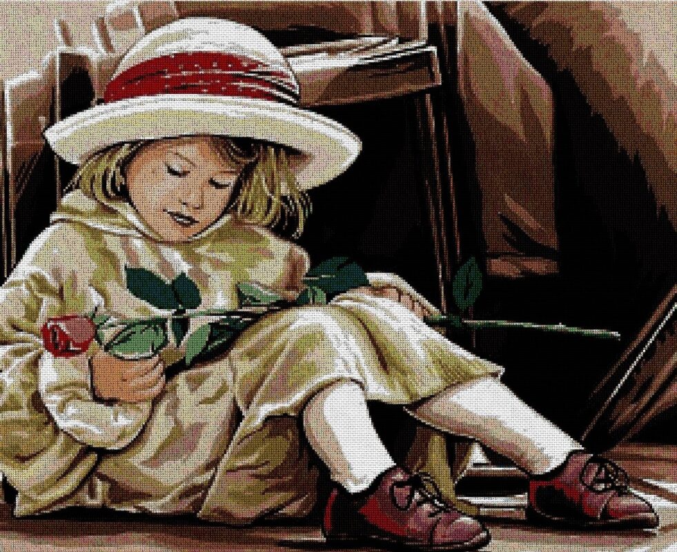INFROS: bordado a punto de cruz de niña con sombrero y rosa