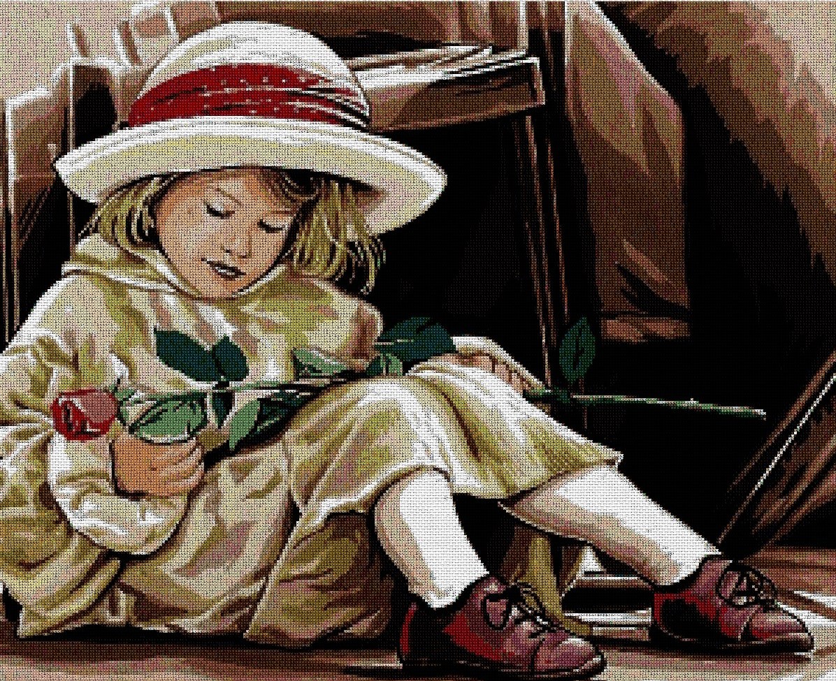 INFROS: bordado a punto de cruz de niña con sombrero y rosa