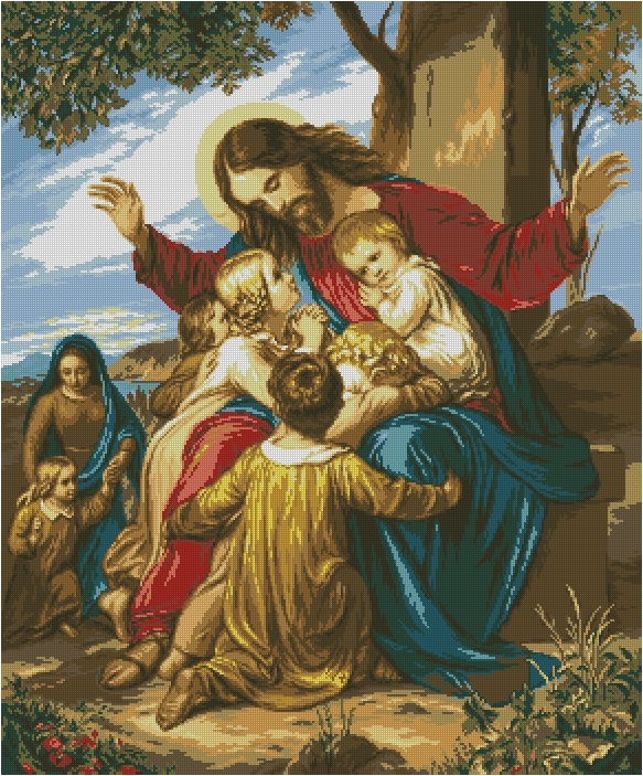 JESUSYN: Gráfico de punto de cruz para descargar en PDF, imprimir y bordar dibujo de Jesús Cristo rodeado de niños