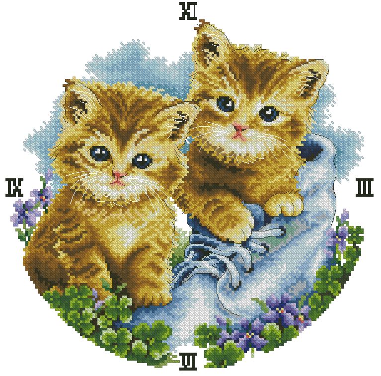 KITTENS-1: Gráfico de punto de cruz para descargar en PDF, imprimir y bordar reloj de pared con dibujo de gatitos