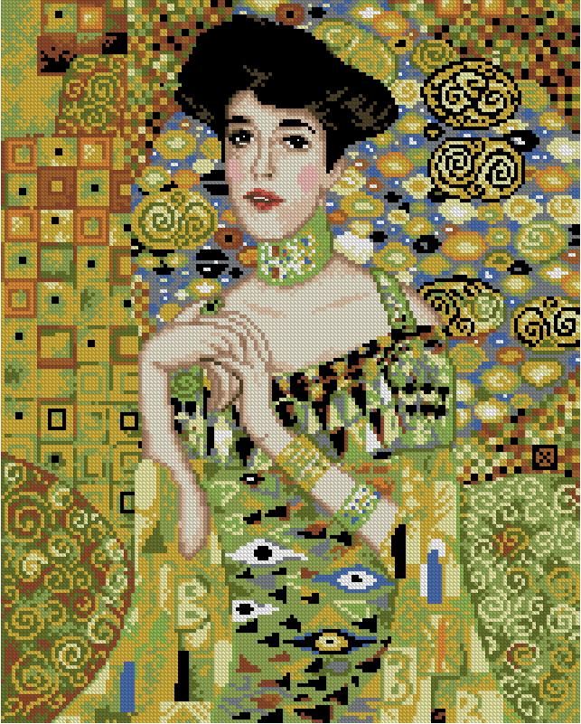 KLIMT-ADELE: Gráfico de punto de cruz para descargar en PDF, imprimir y bordar dibujo basado en el cuadro de Gustav Klimt "Retrato de Adele Bloch-Bauer"