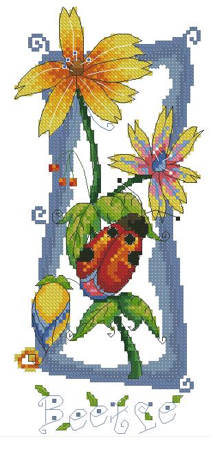 LADYBUG-1: Gráfico de punto de cruz para descargar en PDF, imprimir y bordar dibujo con flores y mariquita