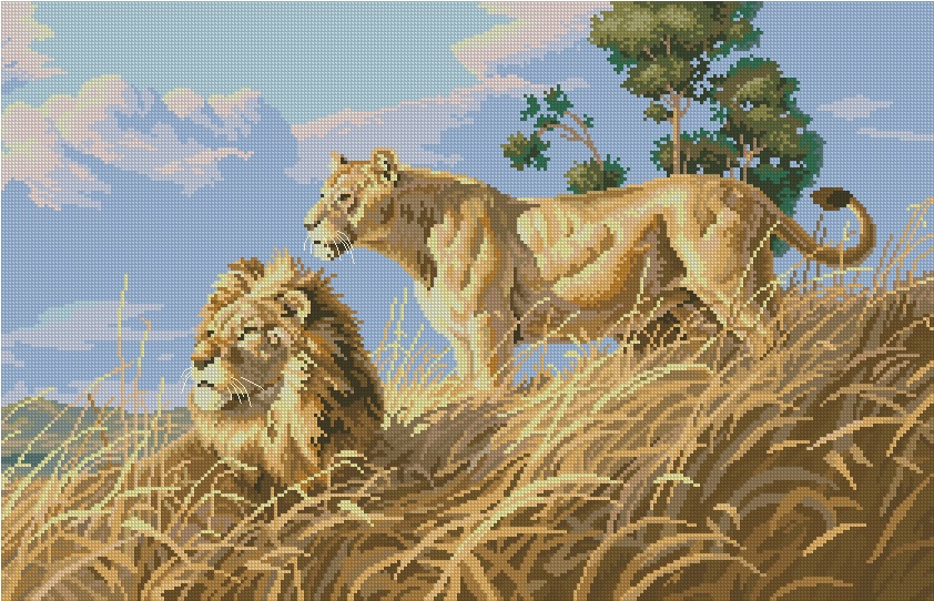 LION-1: bordado a punto de cruz de leones africanos
