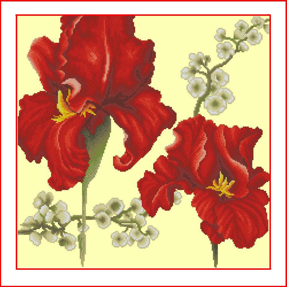 LIRIOS-1: Gráfico de punto de cruz para descargar en PDF, imprimir y bordar dibujo floral con lirios rojos