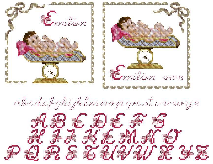 NATALICIO-2: Gráfico de punto de cruz para descargar en PDF, imprimir y bordar natalicio o recuerdo de nacimiento en color rosa