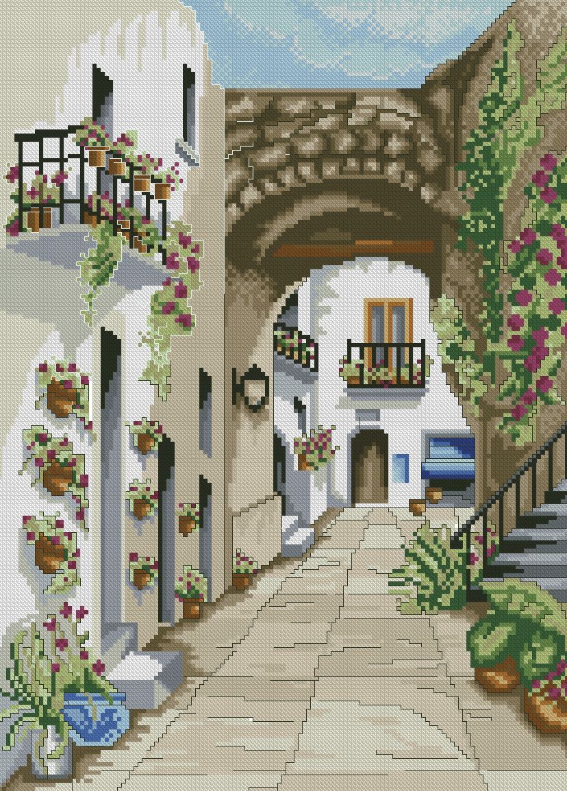 PAJCASA-2: Gráfico de punto de cruz para descargar en PDF, imprimir y bordar dibujo de calle con casas andaluzas