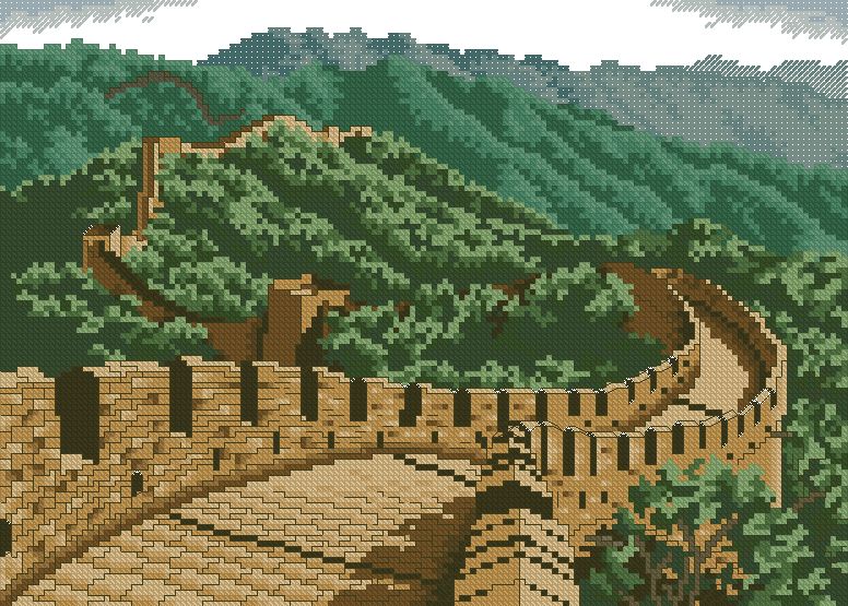 PAJCHINA-1: Gráfico de punto de cruz para descargar en PDF, imprimir y bordar paisaje con La Gran Muralla China como principal motivo.