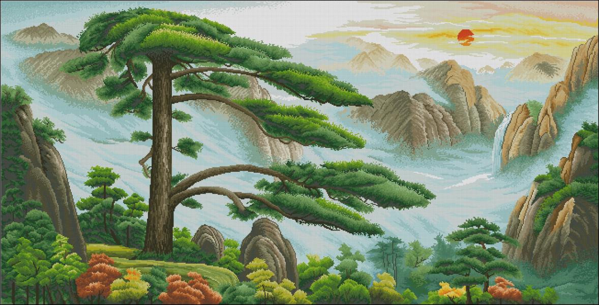 PAJCHINA-3: bordado a punto de cruz de paisaje chino con montañas