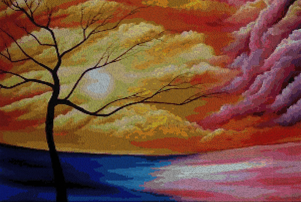 PAJCOLOR: Gráfico de punto de cruz para descargar en PDF, imprimir y bordar paisaje de atardecer con vivos colores