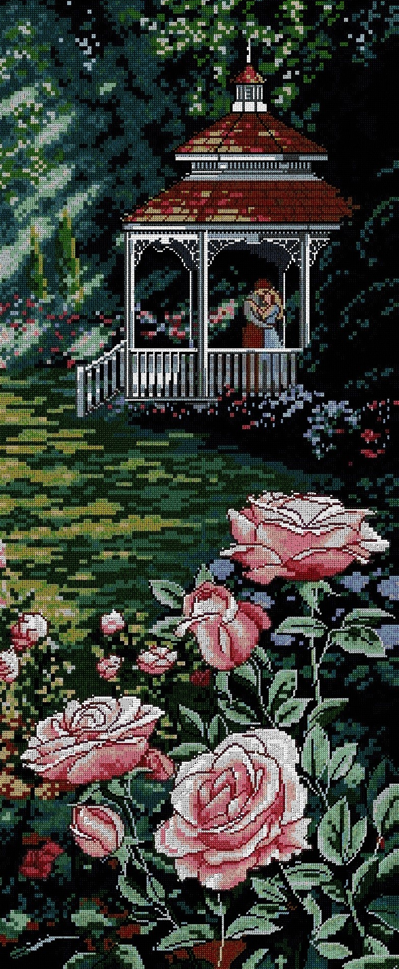 PAJROM: Gráfico de punto de cruz para descargar en PDF, imprimir y bordar escena romántica en jardín florido