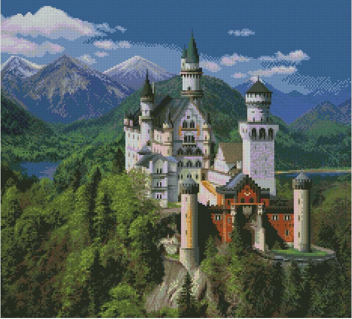 PALACE-1: Gráfico de punto de cruz para descargar en PDF, imprimir y bordar paisaje con Castillo de Neuschwanstein (Alemania)