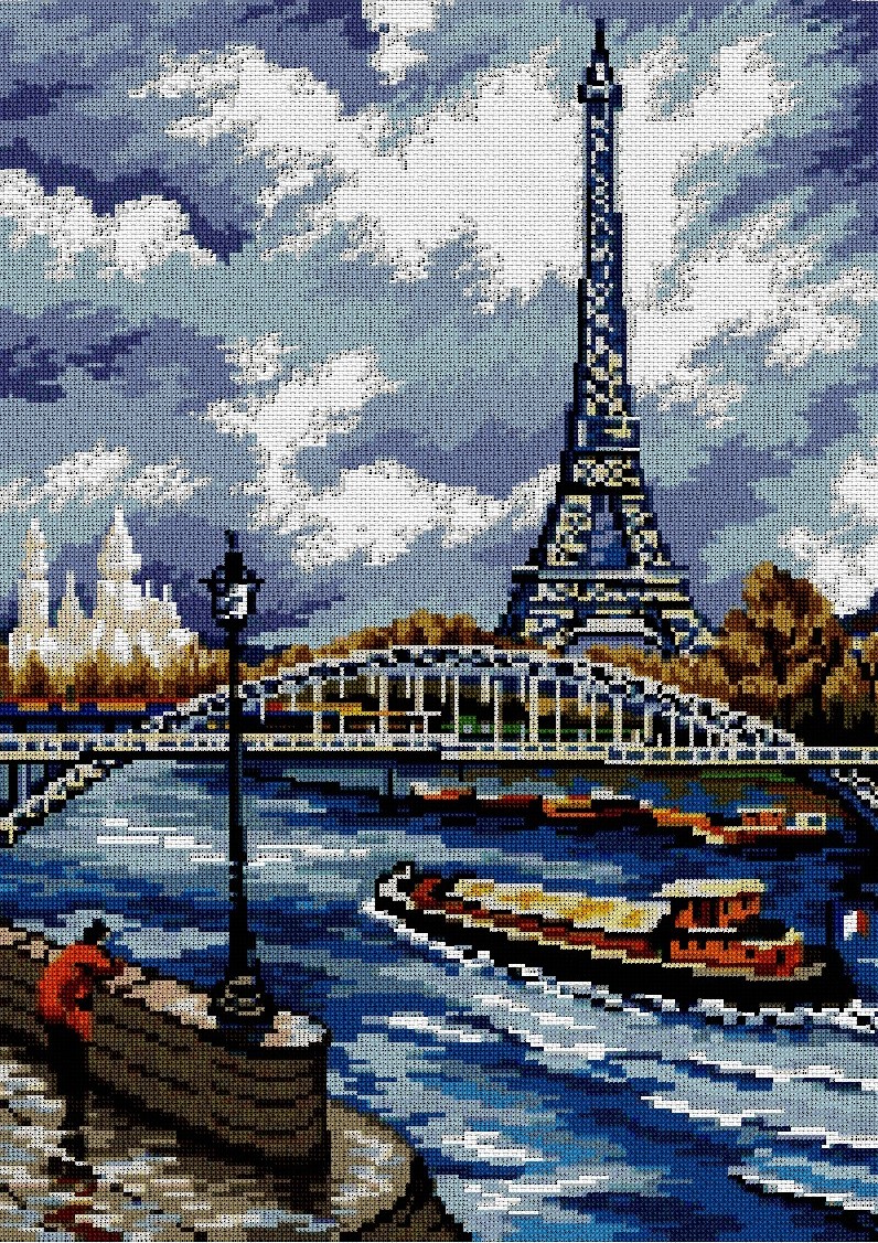 PARIS: Gráfico de punto de cruz para descargar en PDF, imprimir y bordar paisaje de París con torre Eiffel y rio Sena