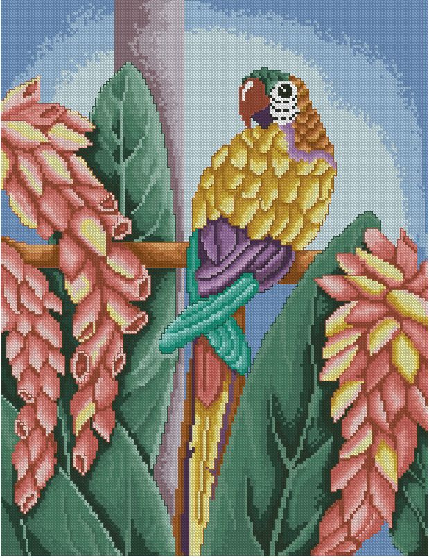 PARROT-1: Gráfico de punto de cruz para descargar en PDF, imprimir y bordar dibujo de loro entre colorida vegetación