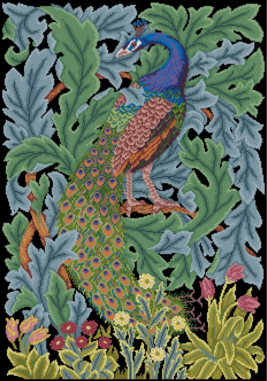 PEACOCK-4: Gráfico de punto de cruz para descargar en PDF, imprimir y bordar dibujo con pavo real, basado en el tapiz de William Morris "The forest"