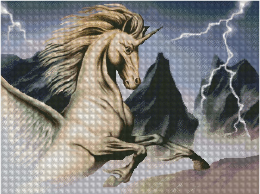 PEGASO-1: Gráfico de punto de cruz para descargar en PDF, imprimir y bordar dibujo de pegaso y unicornio