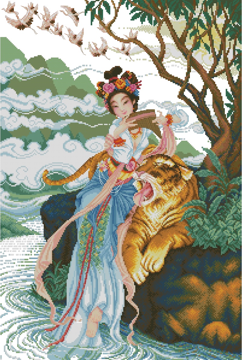 PERCHINA-1: Gráfico de punto de cruz para descargar en PDF, imprimir y bordar mujer china con tigre