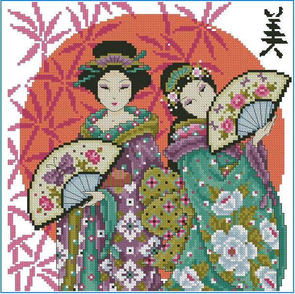 PERJAPON-1: Gráfico de punto de cruz para descargar en PDF, imprimir y bordar dibujo con mujeres japonesas