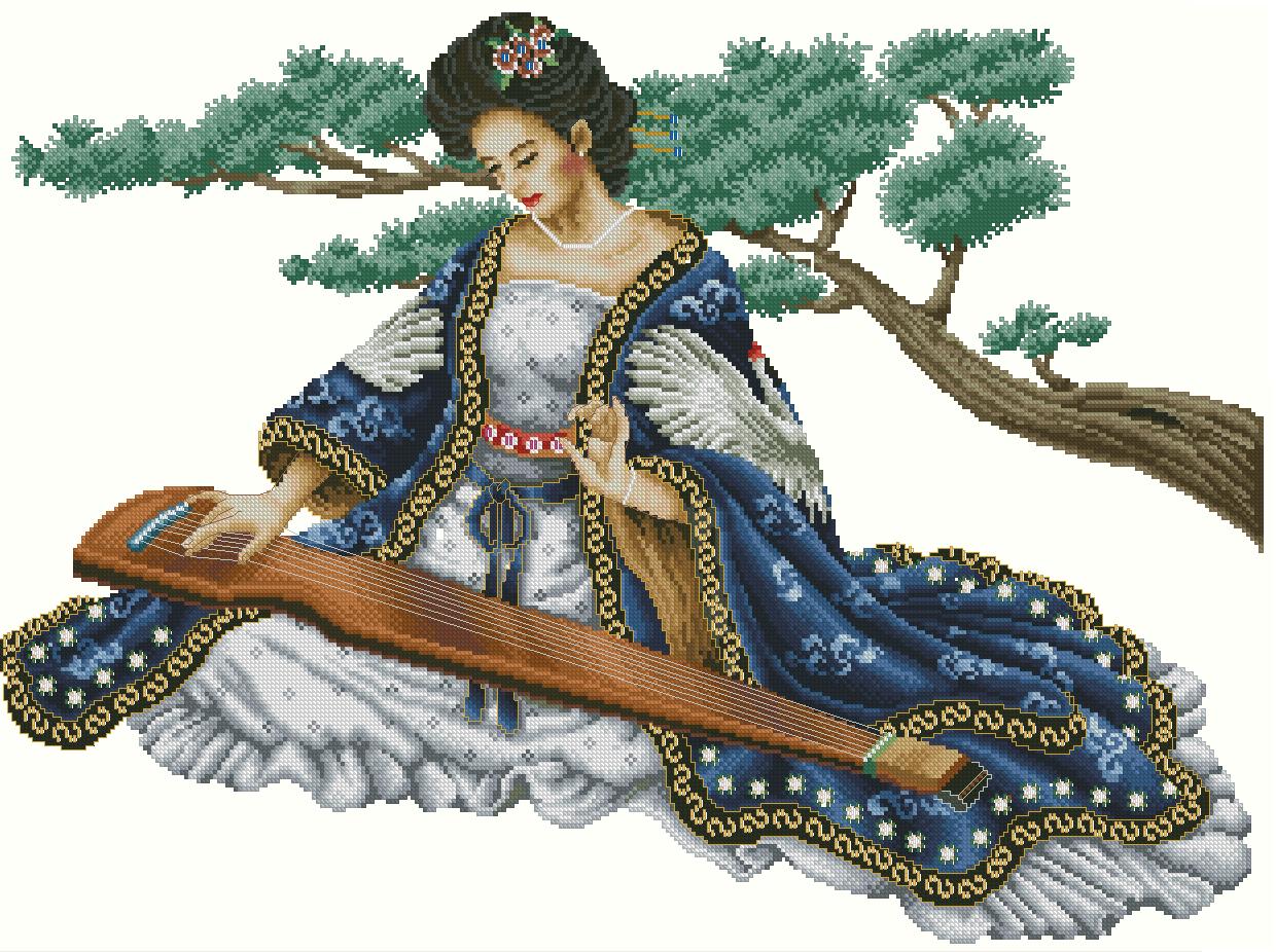 PERJAPON-2: Gráfico de punto de cruz para descargar en PDF, imprimir y bordar mujer japonesa tocando instrumento musical