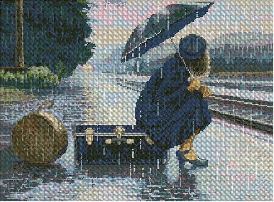 PERLLUVIA: bordado a punto de cruz de mujer bajo la lluvia