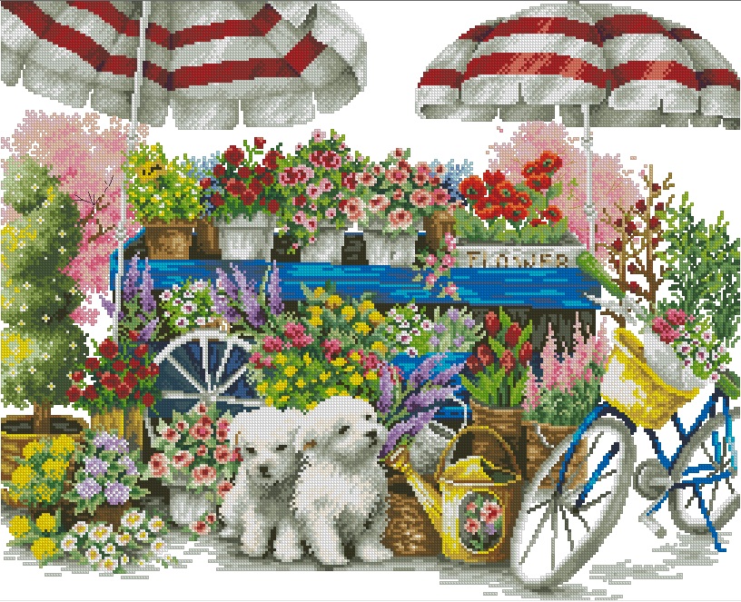 PETS-2: bordado a punto de cruz de perritos, bicicleta y flores