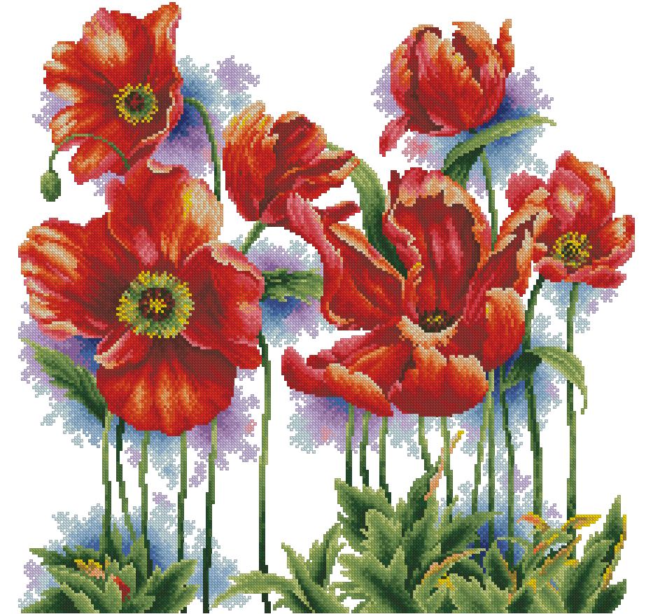 POPPIES-1: bordado a punto de cruz de amapolas rojas