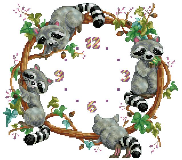 RACCOONS-1: bordado a punto de cruz de reloj de mapaches