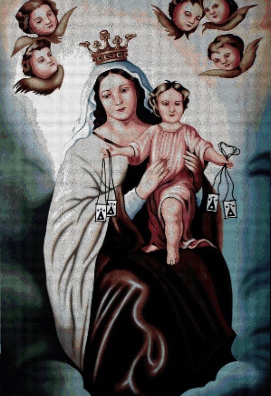 RELICAR: Gráfico de punto de cruz para descargar en PDF, imprimir y bordar imagen de la Virgen del Carmen y el Niños Jesús