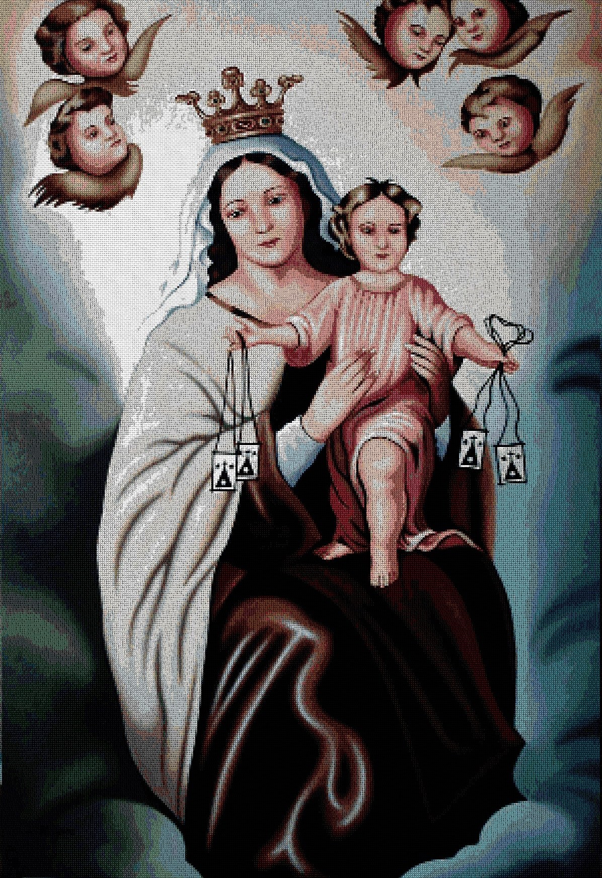 RELICAR: Gráfico de punto de cruz para descargar en PDF, imprimir y bordar imagen de la Virgen del Carmen y el Niños Jesús