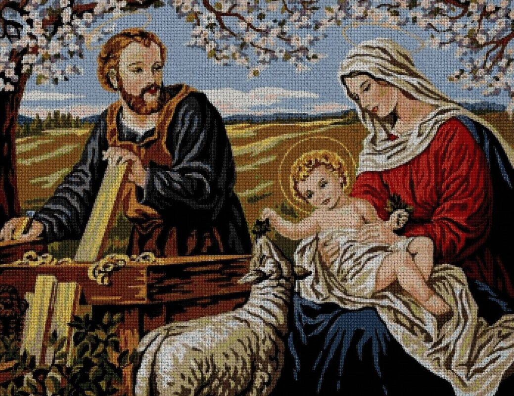 RELIFAM: Gráfico de punto de cruz para descargar en PDF, imprimir y bordar imagen de la Sagrada Familia (Virgen María, San José y Jesús)
