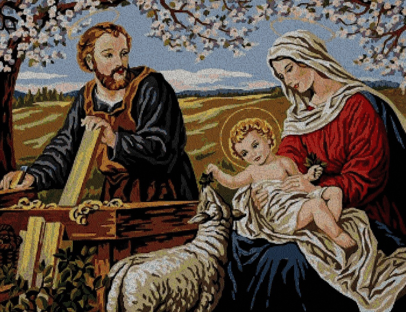 RELIFAM: Gráfico de punto de cruz para descargar en PDF, imprimir y bordar imagen de la Sagrada Familia (Virgen María, San José y Jesús)
