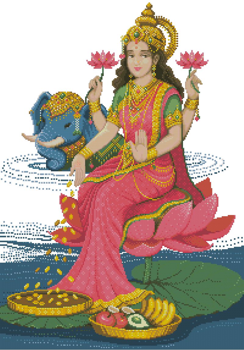RELIHINDU-1: bordado a punto de cruz de diosa hindú Lakshmi