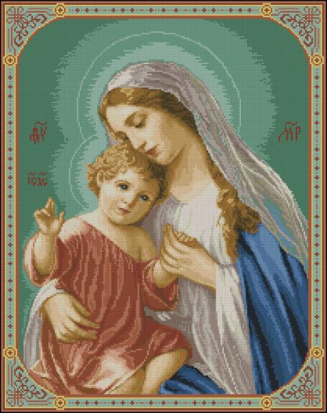 RELIVYN-1: Gráfico de punto de cruz para descargar en PDF, imprimir y bordar dibujo de la Virgen María con el Niño Jesús