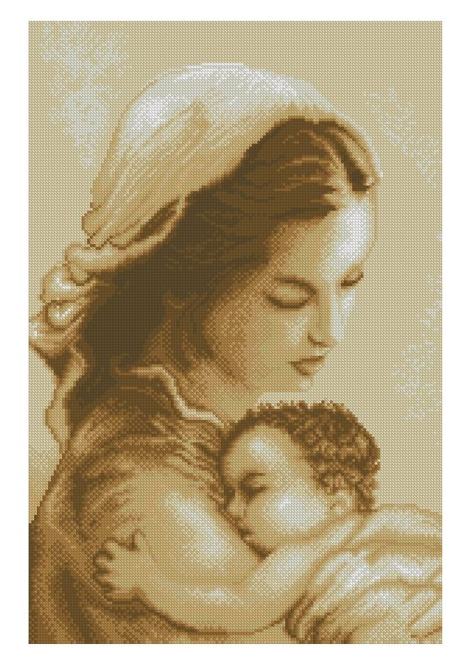 RELIVYN-2: Gráfico de punto de cruz para descargar en PDF, imprimir y bordar imagen de la Virgen María y el Niño Jesús