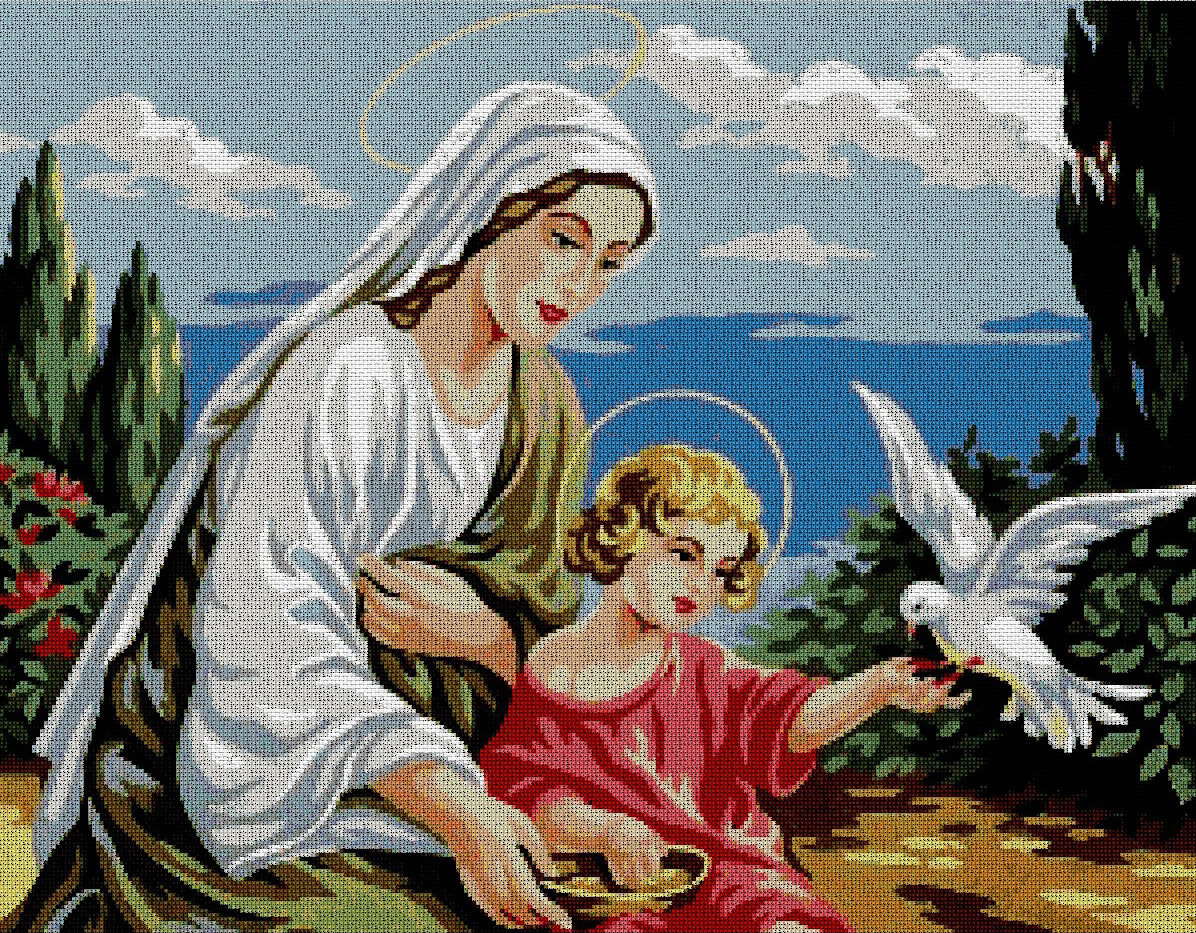 RELIVYN-3: Gráfico de punto de cruz para descargar en PDF, imprimir y bordar imagen de La Virgen María y el Niño Jesús