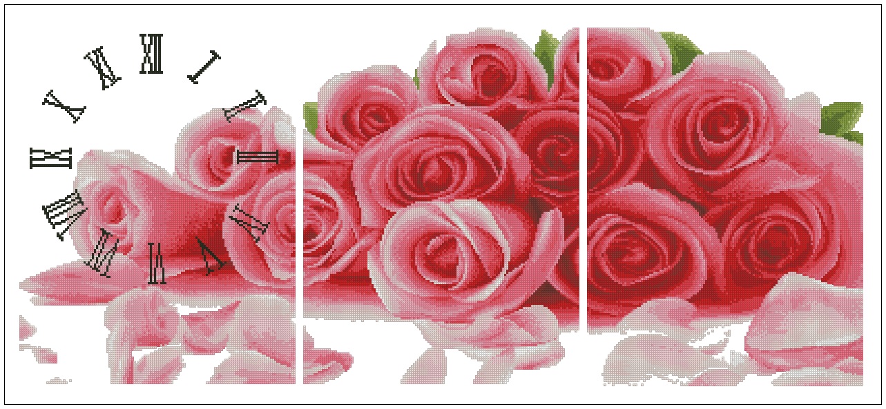 ROSES-1: Gráfico de punto de cruz para descargar en PDF, imprimir y bordar tríptico de rosas con reloj