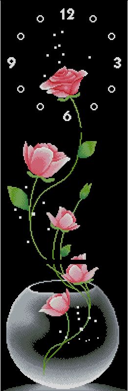 ROSES-3: Gráfico de punto de cruz para descargar en PDF, imprimir y bordar tríptico con reloj y rosas