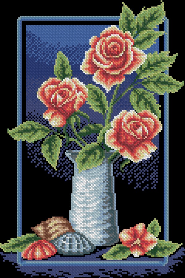 ROSES-6: bordado a punto de cruz de jarrón de rosas y conchas de mar