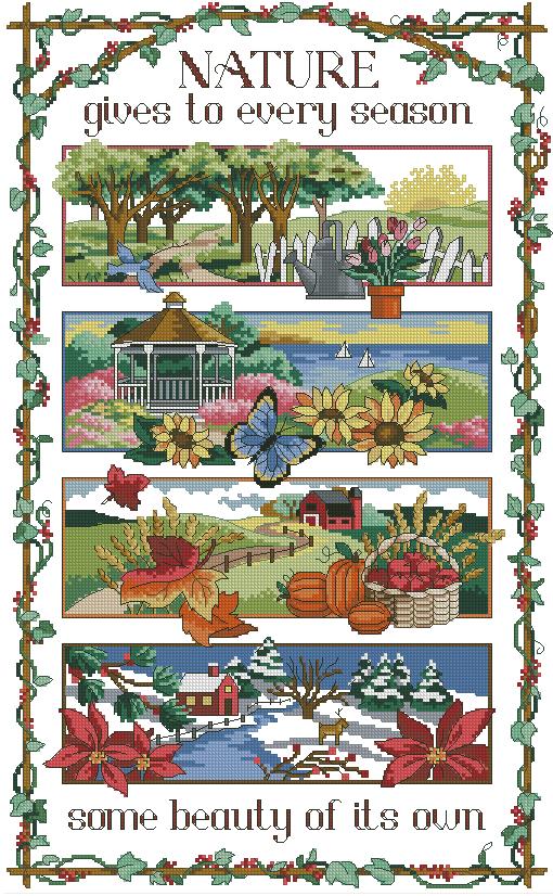 SEASONS-1: Gráfico de punto de cruz para descargar en PDF, imprimir y bordar paisajes estacionales