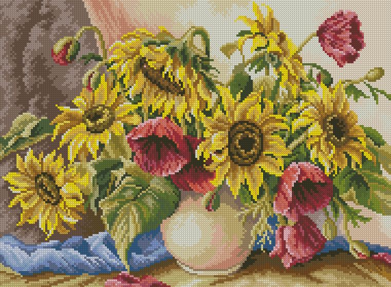 SUNFLOWERS-3: Gráfico de punto de cruz para descargar en PDF, imprimir y bordar jarrón de flores con girasoles y amapolas
