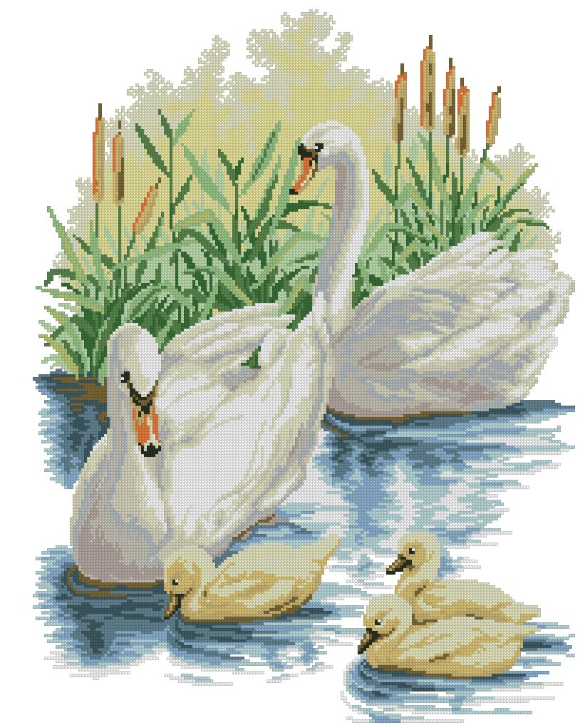 SWANS-1: Gráfico de punto de cruz para descargar en PDF, imprimir y bordar familia de cisnes blancos nadando en lago