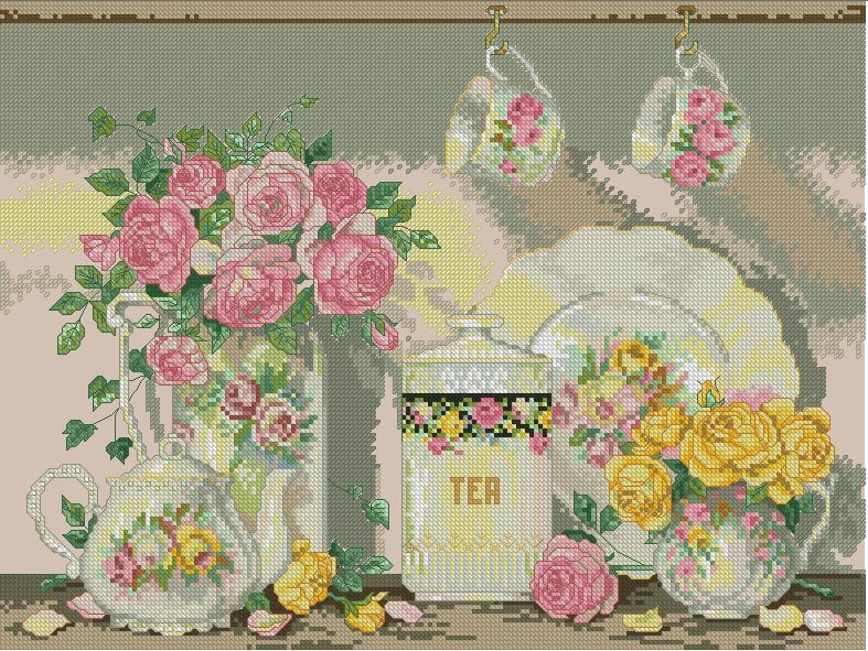 TEAROSES: Gráfico de punto de cruz para descargar en PDF, imprimir y bordar dibujo basado en la ilustración "Victorian tea" de Sandy Lynam Clough