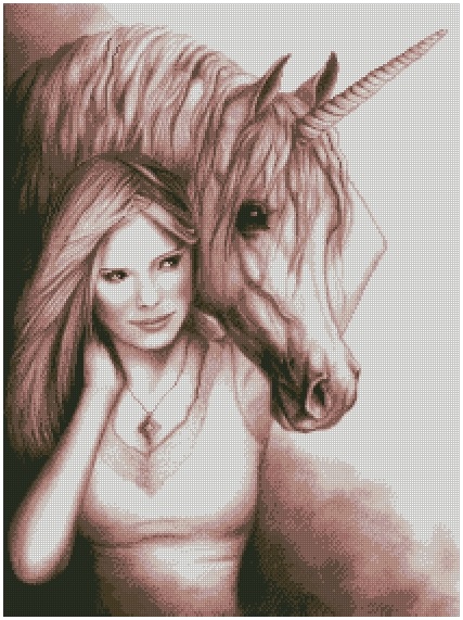 UNICORN-1: Gráfico de punto de cruz para descargar en PDF, imprimir y bordar dibujo de Unicornio y mujer